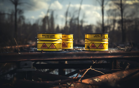 Industrial scene with barrels of radioactive waste, environmental pollution concept.の素材