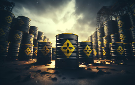 Industrial scene with barrels of radioactive waste, environmental pollution concept.の素材