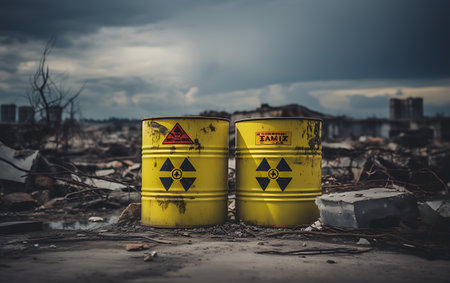 Industrial scene with barrels of radioactive waste, environmental pollution concept.の素材
