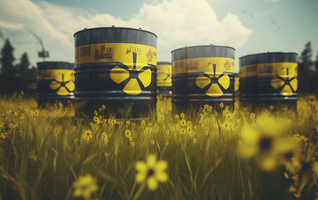 Industrial oil barrels on a meadow with yellow flowers in the backgroundの素材