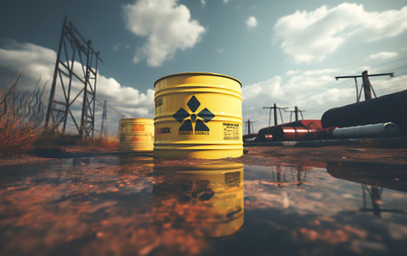 Industrial scene with barrels of radioactive waste, environmental pollution concept.の素材