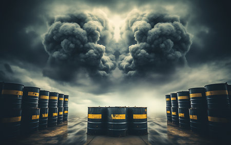 Industrial scene with barrels of radioactive waste, environmental pollution concept.の素材
