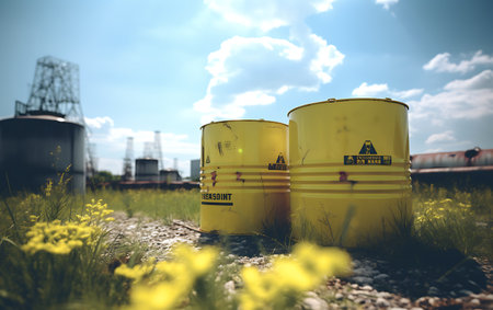 Industrial scene with barrels of radioactive waste, environmental pollution concept.の素材