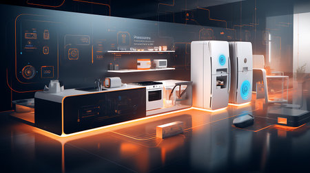 Modern kitchen interior with equipment. 3d rendering toned image double exposureの素材