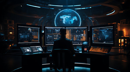 Back view of businessman sitting in office chair and looking at monitors with screens. Toned imageの素材