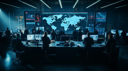 Silhouettes of business people working in modern office with world map on the screenの素材