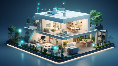 3d render of a modern house in isometric projection with furnitureの素材