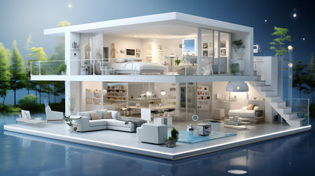 Modern Futuristic Internet connected smart home with various devices house.の素材