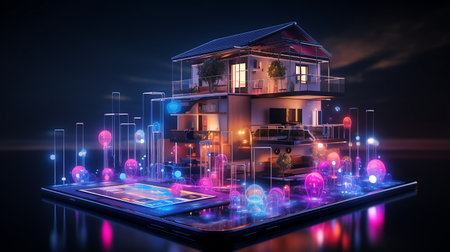 Modern Futuristic Internet connected smart home with various devices house.の素材
