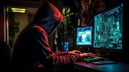 Hooded hacker using computer in dark room. Cybercrime concept.の素材