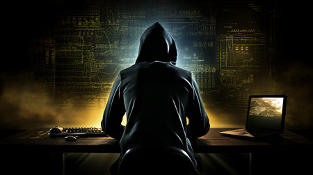 silhouette of man in hoodie sitting at table with computerの素材