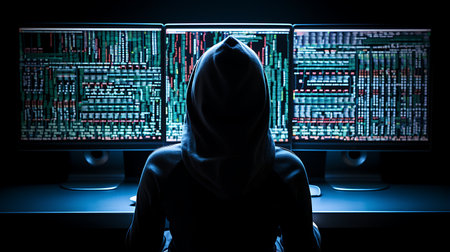 A hacker in a hoodie is sitting in front of a computer screen with a lot of binary code. The concept of hacking and malware.の素材