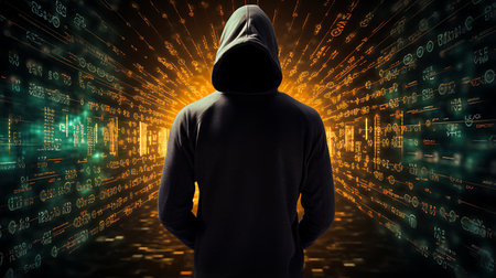 Hooded hacker in front of a binary code background with numbersの素材