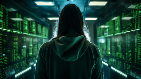 Cyber attack and malware threat concept. Back view of hacker woman in hoodie looking at computer screen with binary code.の素材