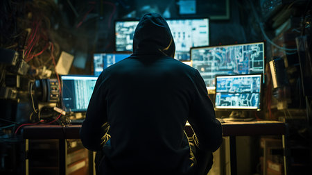 Back view of hacker in hoodie standing in front of computer monitors at nightの素材