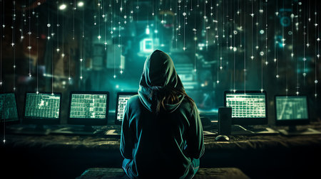 Hacker in dark room with glowing computer screens. 3D renderingの素材