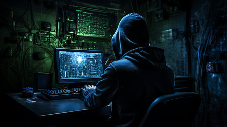 Hooded hacker using computer in dark room. Cybercrime concept.の素材