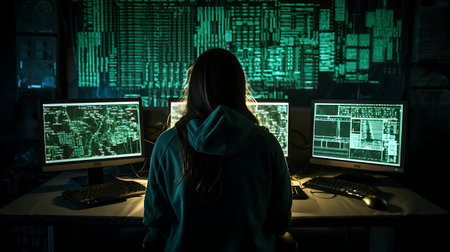 Cyber security and data protection concept. Young hacker woman in hoodie working with computers in dark room at night.の素材