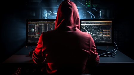 Hooded hacker in front of a computer screen. Computer security concept.の素材