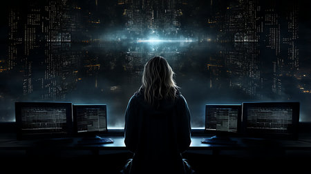 Silhouette of hacker in front of computer screen. mixed-mediaの素材