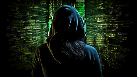 Silhouette of hacker in front of a binary code background.の素材