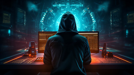 Hacker in front of a computer screen with cyber security concept on backgroundの素材