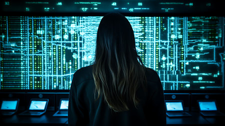 Rear view of woman looking at hologram screen with binary codeの素材