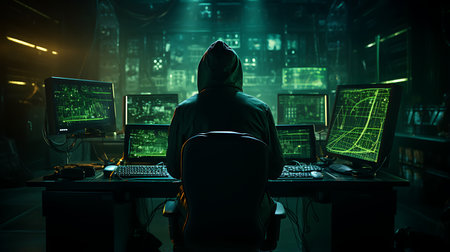 Hacker in dark room with computer monitors and glowing lights. Cybercrime concept.の素材