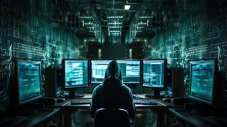 Hacker in a dark room with computers. Mixed media. mixed-mediaの素材