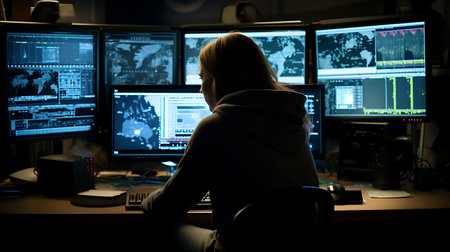 Rear view of woman sitting in front of multiple computer screens at nightの素材