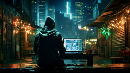 Hacker in hoodie sitting at table with computer and looking at night cityの素材