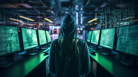 Hacker in hoodie standing in front of multiple computer screens. Hacking and malware concept. 3D Renderingの素材