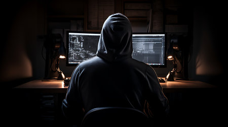 Hacker using computer in dark room. Hacking and cyber crime concept.の素材