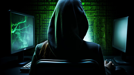 Hacker woman in hood sitting in front of computer monitor with green backgroundの素材