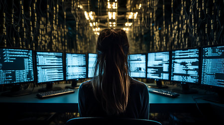 Back view of young woman working on computer in server room. cybersecurity conceptの素材