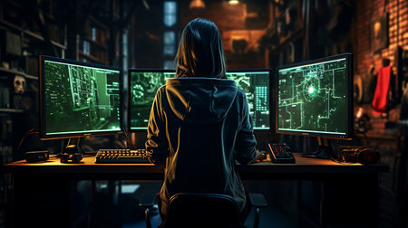 Cyber attack concept with hacker in front of computer monitors at nightの素材