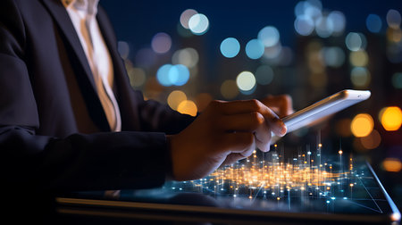 Businessman using tablet computer with city light and bokeh backgroundの素材