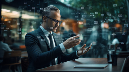 Businessman using mobile phone in coffee shop. Business and technology concept.の素材