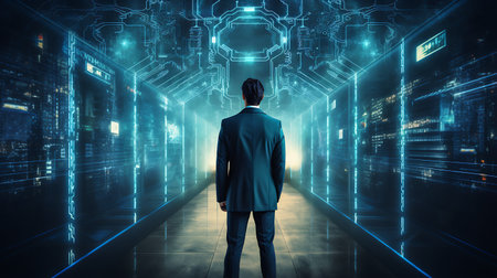 Back view of young businessman standing in futuristic room with binary code on backgroundの素材