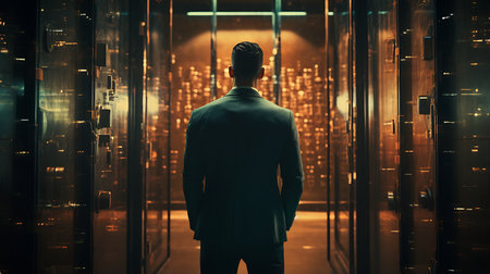 Portrait of young businesswoman working with futuristic interface in office. Toned imageの素材