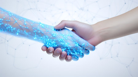 Conceptual image of human handshake with connection lines on white backgroundの素材