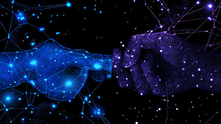 Abstract polygonal handshake on dark background with connecting dots and linesの素材