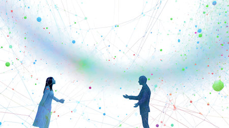 Network connection graphic overlay background with people silhouettes. 3D renderingの素材