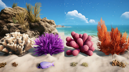 Underwater scene with coral reef and fish. 3D render.の素材