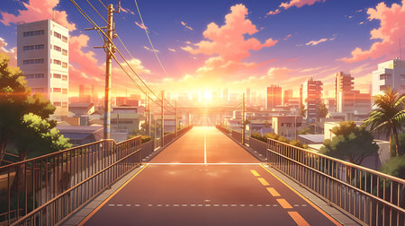 Asphalt road leading to the city at sunset. 3d renderingの素材