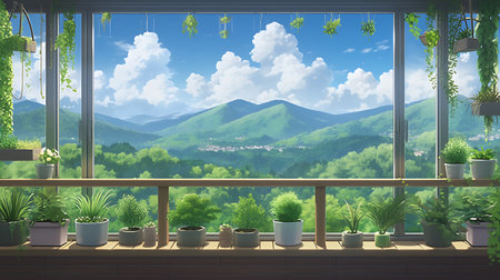 View from the balcony to the mountains and clouds. 3d renderingの素材