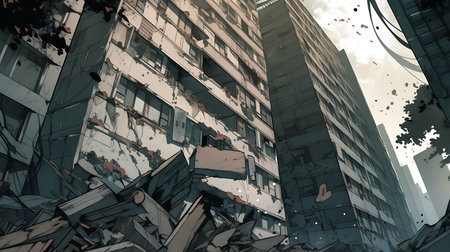 Abstract 3D rendering of building with broken glass and cityscape backgroundの素材