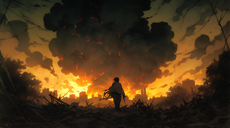 Silhouette of a man with a scythe in front of a burning cityの素材