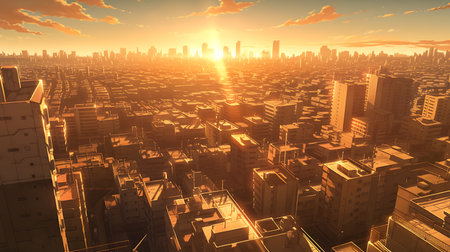 3D illustration of a futuristic city at sunset with orange sky.の素材