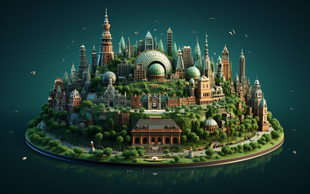 Famous monuments of the world in a glass ball floating in the waterの素材